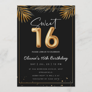 Sweet 16 Sixteenth With Golden Tropical Leaves Einladung