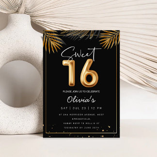 Sweet 16 Sixteenth With Golden Tropical Leaves Einladung