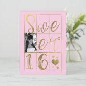 SWEET 16 SIXZEHEN Gold & Blush Pink Hearts Foto Einladung (Stehend Vorderseite)