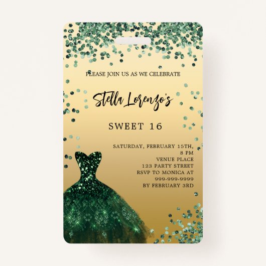 Sweet 16 Smaragdgrün Gold Einladung Ausweis (Vorderseite)