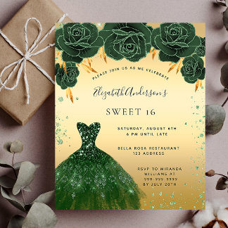 Sweet 16 Smaragdgrün Gold Einladung Postkarte