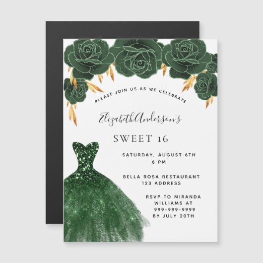 Sweet 16 smaragdgrün goldenes Kleid Blumenluxus Magneteinladung (Vorne/Hinten)