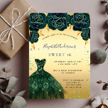 Sweet 16 Smaragdgrün goldenes Kleid floral Einladung<br><div class="desc">Eine moderne,  stilvolle und glamouröse Einladung zu einer Sweet 16. Geburtstagsfeier. Ein goldenes Imitat mit grünen Imitaten Glitzer Staub,  ein smaragdgrünes Kleid und grüne Rose,  Blumenmuster. Der Name ist mit einem modernen handgeschriebenen Stilskript geschrieben. Personalisieren Sie Ihre Party-Daten und fügen Sie sie hinzu.</div>