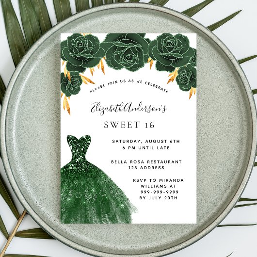 Sweet 16 Smaragdgrün goldenes Kleid floral Einladung