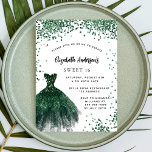 Sweet 16 Smaragdgrün Kleid Glitzer Luxus Einladung<br><div class="desc">Eine moderne,  stilvolle und glamouröse Einladung zu einer Sweet 16. Geburtstagsfeier. Auf der Vorderseite: Weißer Hintergrund mit grünen Glitzern,  smaragdgrünes Kleid. Der Name ist mit einem modernen handgeschriebenen Stilskript geschrieben. Personalisieren Sie Ihre Party-Daten und fügen Sie sie hinzu.</div>