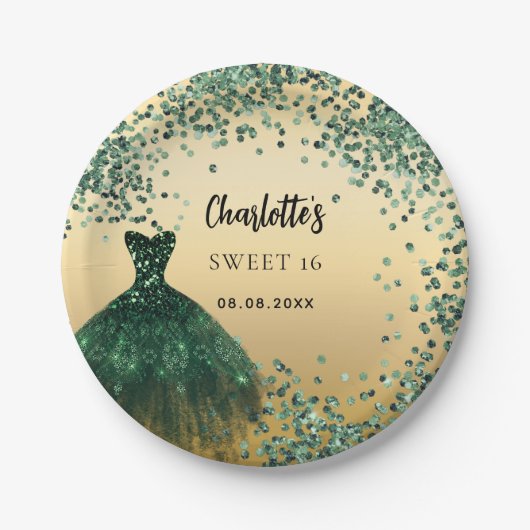 Sweet 16 Smaragdgrün Kleid Gold Pappteller (Vorderseite)