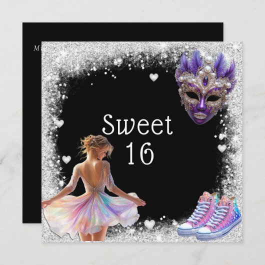Sweet 16 Sneakers Silver Glitzer Mardi Gras Einladung (Vorne/Hinten)