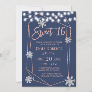 Sweet 16 Snowflakes Geometrische Rose Gold Navy Bl Einladung