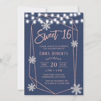 Sweet 16 Snowflakes Geometrische Rose Gold Navy Bl Einladung