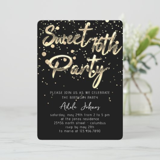 Sweet 16. Sofort Download Black Gold Confetti Einladung (Stehend Vorderseite)