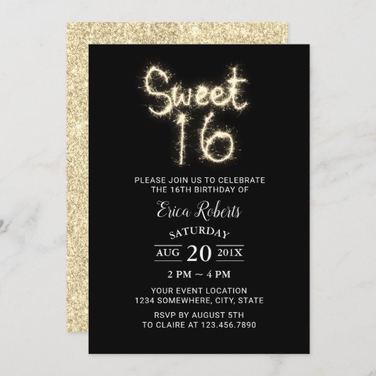 Sweet 16 Sparkler Modern Gold Glitzer Geburtstag Einladung (Vorne/Hinten)