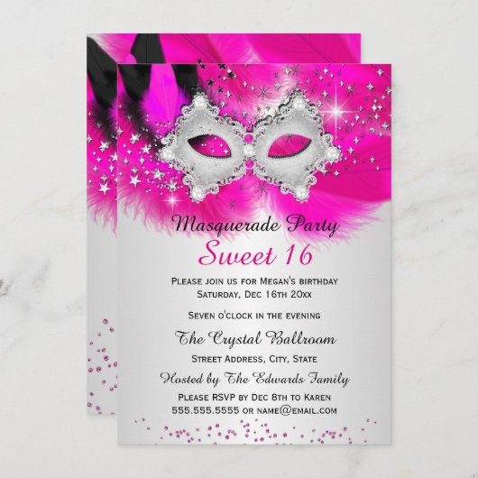 Sweet 16 Spitzenmaske Hot Pink Silver Masquerade Einladung (Vorne/Hinten)