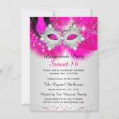 Sweet 16 Spitzenmaske Hot Pink Silver Masquerade Einladung (Vorderseite)