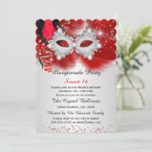 Sweet 16 Spitzenmaske Red Silver Masquerade Einladung (Stehend Vorderseite)