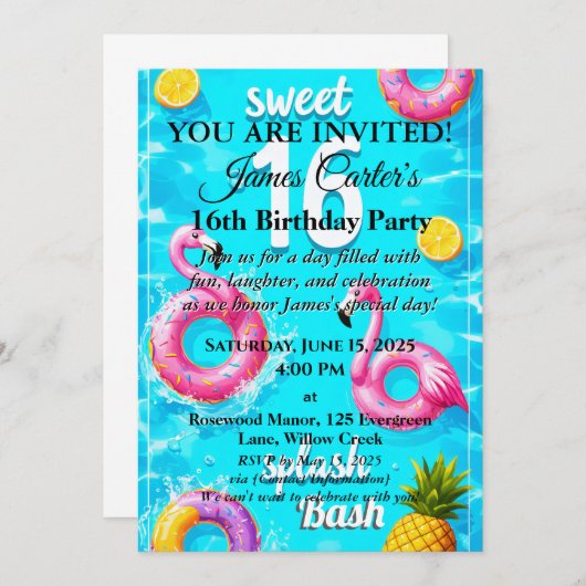 Sweet 16 Splash Bash: Poolseitige Party Einladung (Vorne/Hinten)