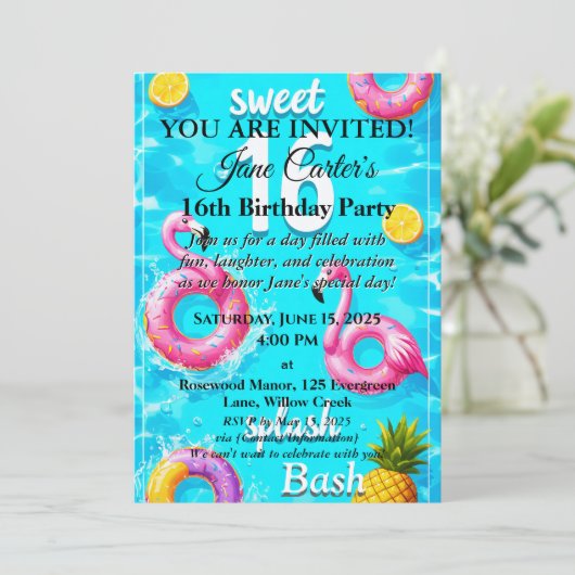 Sweet 16 Splash Bash: Poolseitige Party Einladung (Stehend Vorderseite)