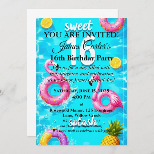 Sweet 16 Splash Bash: Poolseitige Party Einladung (Vorne/Hinten)