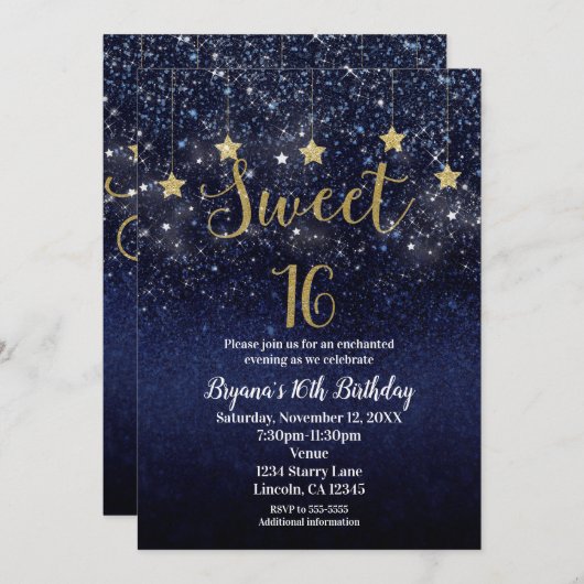 Sweet 16 Starry Night Gold Blue Sparkle Sky Party Einladung (Vorne/Hinten)