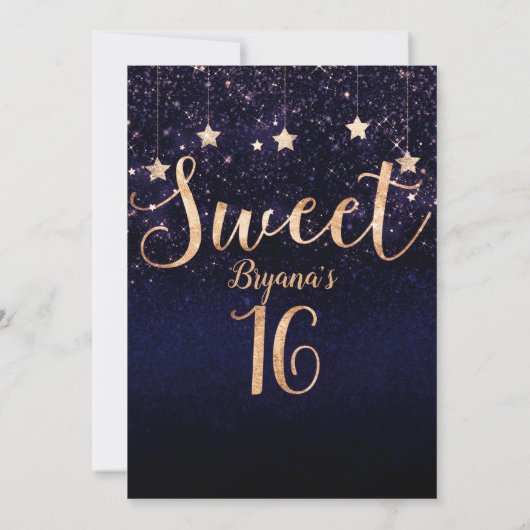 Sweet 16 Starry Night Gold Lila Sparkle Party Einladung (Rückseite)