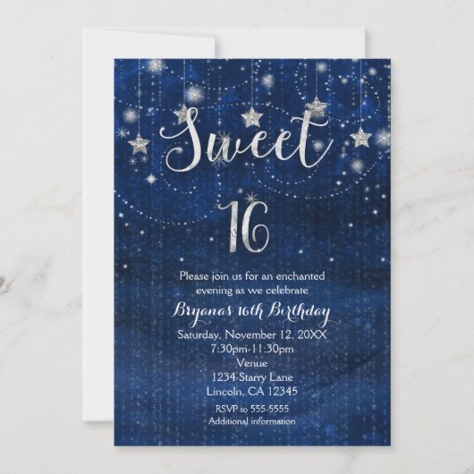 Sweet 16 Starry Night Silver & Blue Einladung (Vorderseite)