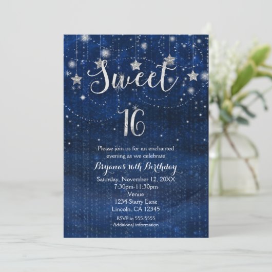 Sweet 16 Starry Night Silver & Blue Einladung (Stehend Vorderseite)