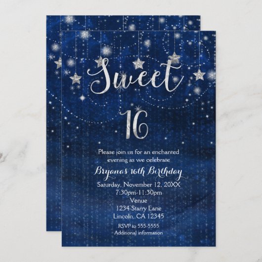 Sweet 16 Starry Night Silver & Blue Einladung (Vorne/Hinten)