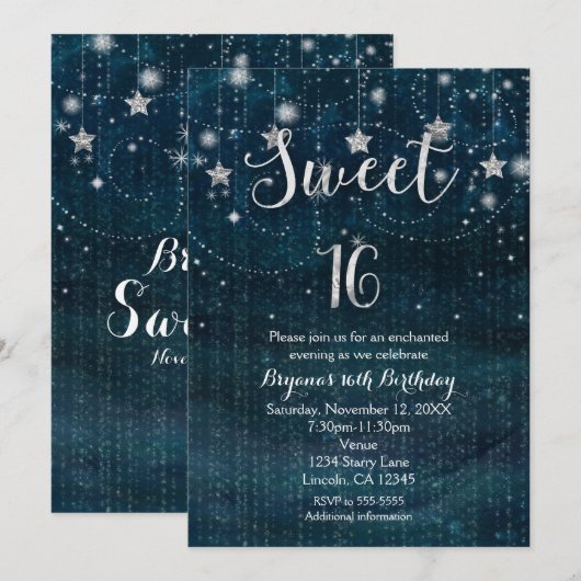 Sweet 16 Starry Night Silver & Blue Einladung (Vorne/Hinten)