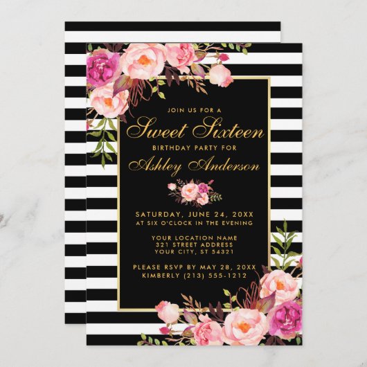 Sweet 16 Streifen Rosa Blütengold Einladung (Vorne/Hinten)