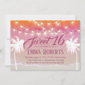 Sweet 16 String Lights Pink Beach Palm Trees Einladung (Vorderseite)