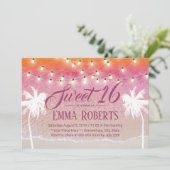 Sweet 16 String Lights Pink Beach Palm Trees Einladung (Stehend Vorderseite)