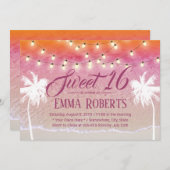 Sweet 16 String Lights Pink Beach Palm Trees Einladung (Vorne/Hinten)
