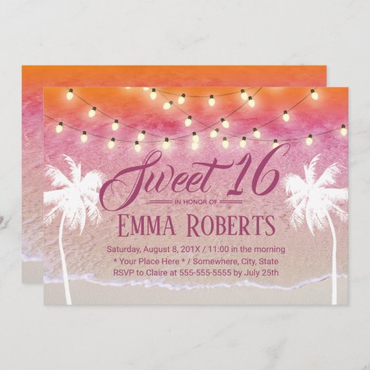 Sweet 16 String Lights Pink Beach Palm Trees Einladung (Vorne/Hinten)