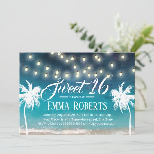 Sweet 16 String Lights Summer Beach Palm Trees Einladung (Stehend Vorderseite)