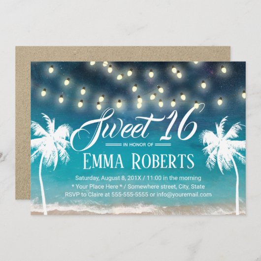 Sweet 16 String Lights Summer Beach Palm Trees Einladung (Vorne/Hinten)