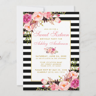 Sweet 16 Striped Floral Pink Gold Einladung