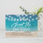 Sweet 16 Summer Beach & String Lights Einladung (Stehend Vorderseite)