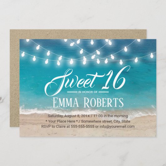 Sweet 16 Summer Beach & String Lights Einladung (Vorne/Hinten)