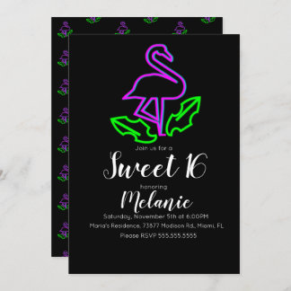 Sweet 16 Summer Neon Tropical Flamingo Glow Party Einladung
