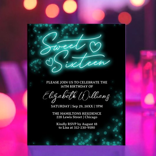 Sweet 16 Tage Aquamarin Neon Glow Budget Einladung