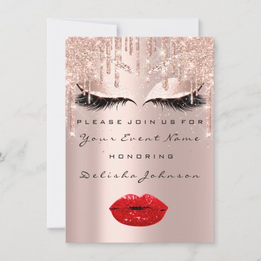 Sweet 16. Tropfen Glitzer Bridal Makeup Rote Lippe Einladung (Vorderseite)