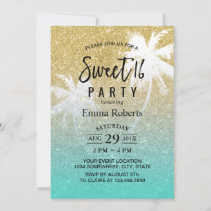 Sweet 16 Tropical Beach Palm Tree Modernes Gold Einladung