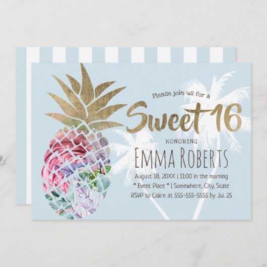 Sweet 16 Tropical Floral Ananas & Palme Tree Einladung (Vorne/Hinten)