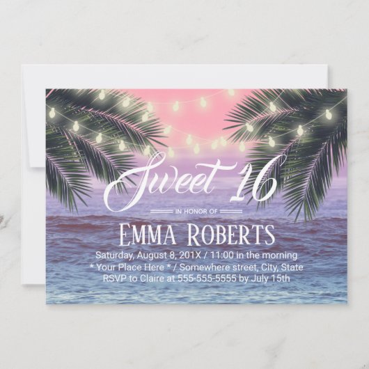 Sweet 16 Tropical Palm Tree Beach String Lights Einladung (Vorderseite)