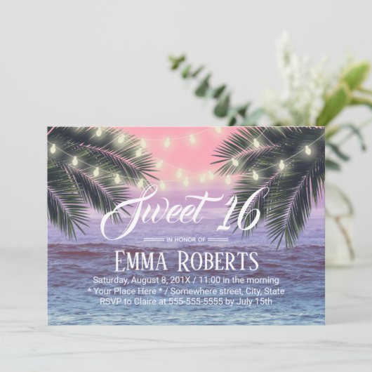 Sweet 16 Tropical Palm Tree Beach String Lights Einladung (Stehend Vorderseite)