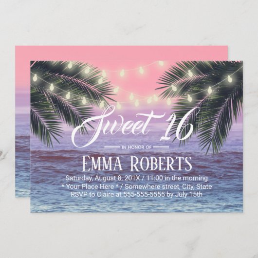 Sweet 16 Tropical Palm Tree Beach String Lights Einladung (Vorne/Hinten)