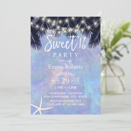 Sweet 16 Tropical Palm Tree Elegante Wasserfarbe Einladung (Stehend Vorderseite)