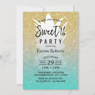 Sweet 16 Tropical Pineaple Moderner Gold Glitzer Einladung