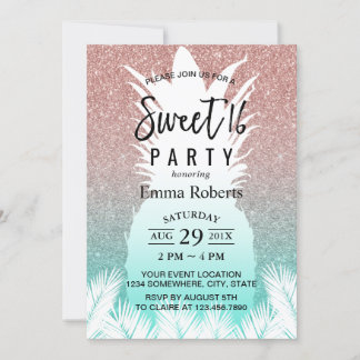 Sweet 16 Tropical Pineaple Rose Gold Glitzer Einladung