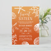 Sweet 16 Tropical Sunset Beach Starfish & Seashell Einladung (Stehend Vorderseite)