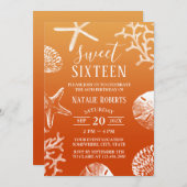 Sweet 16 Tropical Sunset Beach Starfish & Seashell Einladung (Vorne/Hinten)